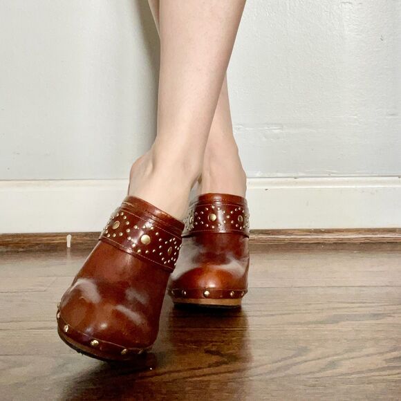 Vtg 90s Y2K Michael Kors Brown Leather Platform Studded Clogs Mules Heels - 8 US - Picture 3 of 8